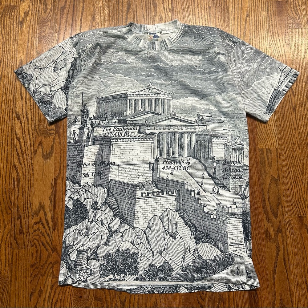 Vintage Greece Architecture AOP T-shirt Men’s XL The Parthenon Athens 90s Art